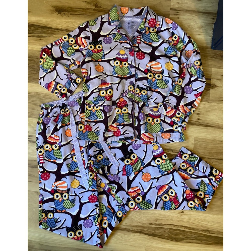 Nick & Nora Womens Owl Flannel Pajama Set Purple Holiday Winter Christmas M